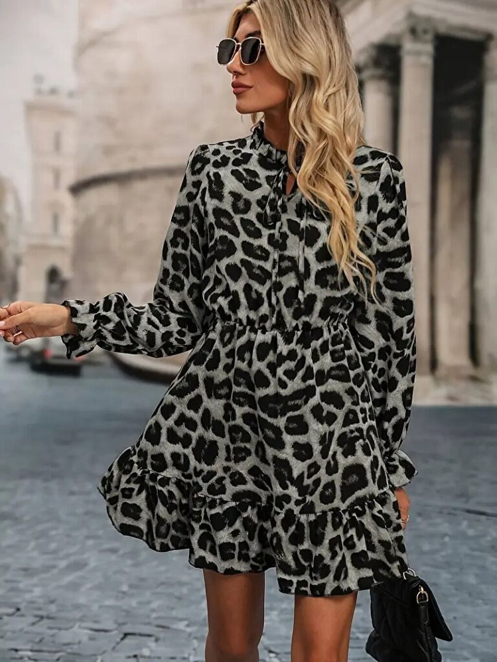 Gri Kadın Uzun Kollu Yakadan Bağlamalı Beli Lastikli şardonlu Dalgıç Elbise-3