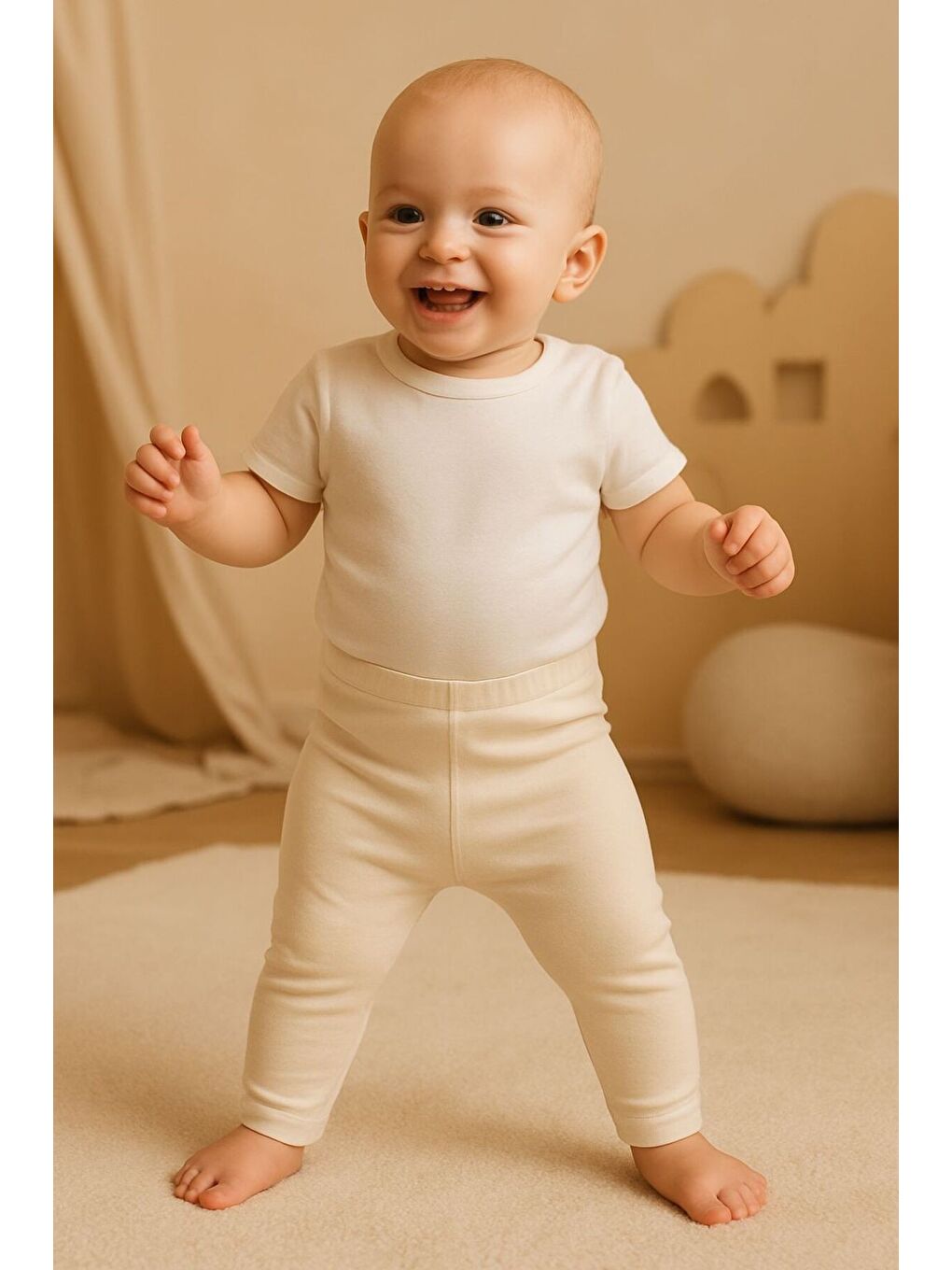 Bej Unisex Bebek İkili Düz Renkli Organik Kumaş 2'li Tayt Seti İlkbahar Yazlık-2