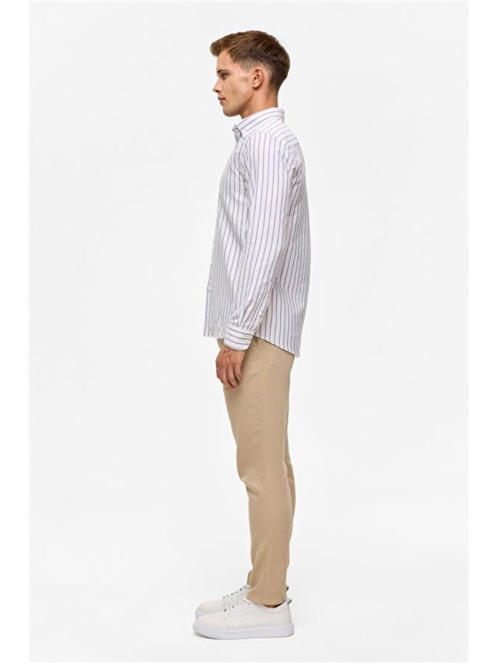 Kahverengi Koyu Kahve Slim Çizgili Düğmeli Yaka Gömlek-4