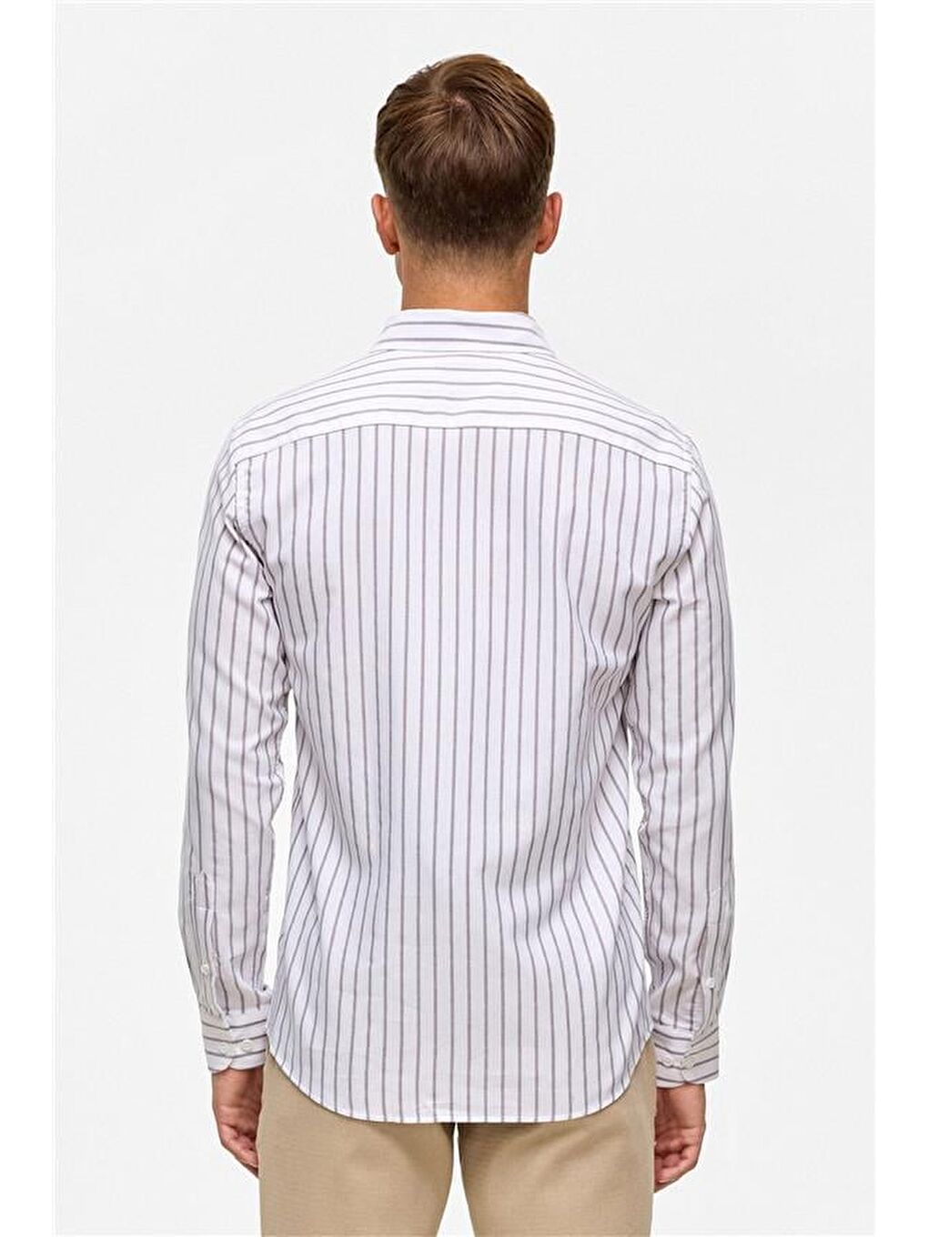 Kahverengi Koyu Kahve Slim Çizgili Düğmeli Yaka Gömlek-5