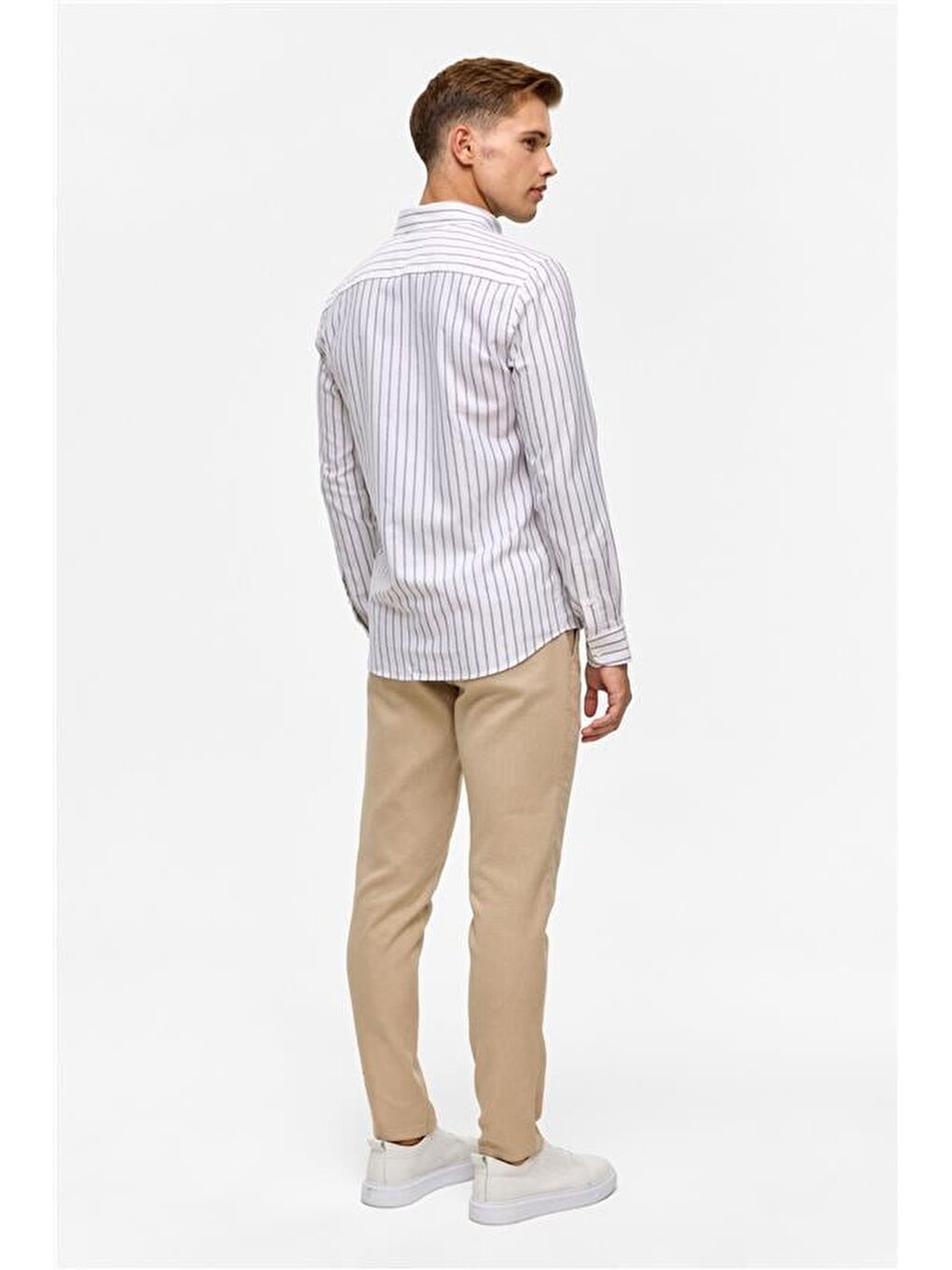 Kahverengi Koyu Kahve Slim Çizgili Düğmeli Yaka Gömlek-6