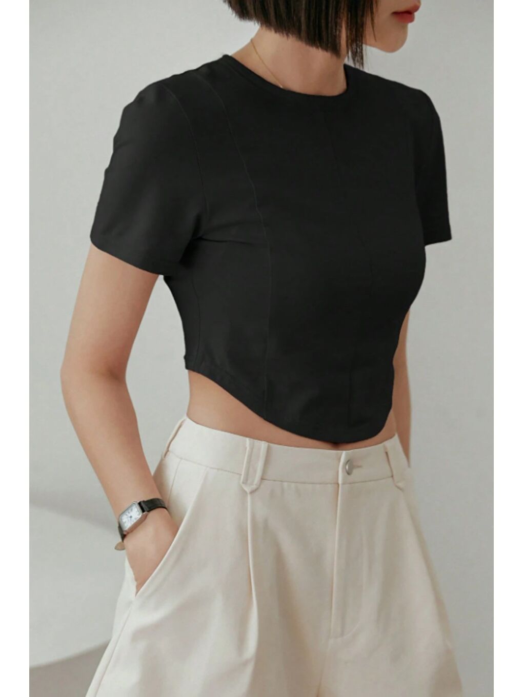 Siyah Kadın Crop Tişört Slim Fit Basic Kısa Kollu Yazlık Üst-3