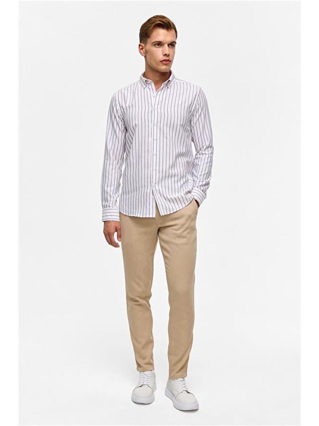 Kahverengi Koyu Kahve Slim Çizgili Düğmeli Yaka Gömlek-7