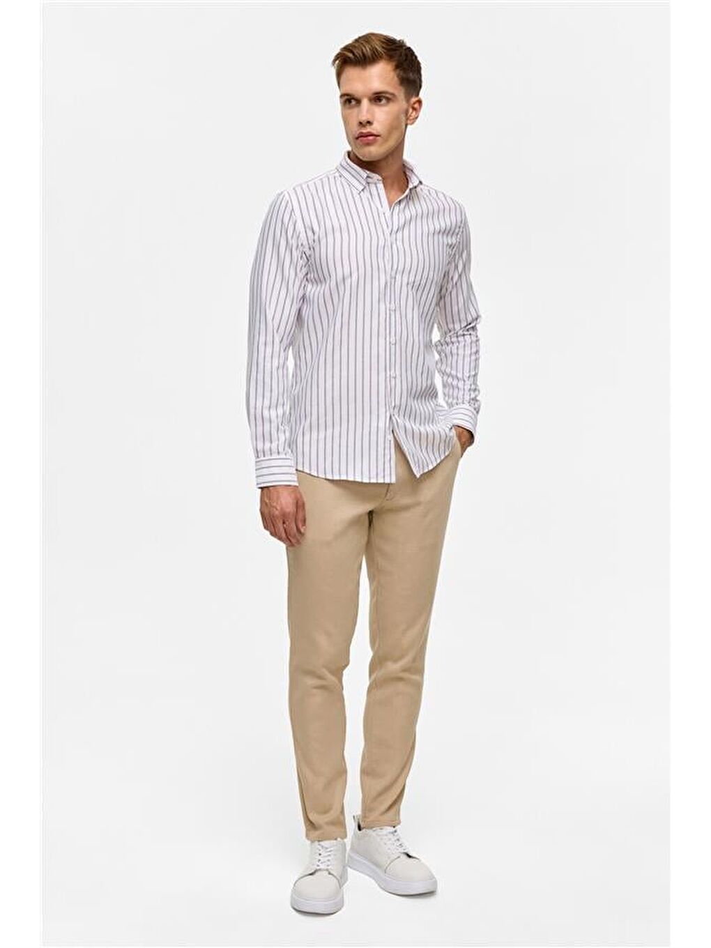 Kahverengi Koyu Kahve Slim Çizgili Düğmeli Yaka Gömlek-8