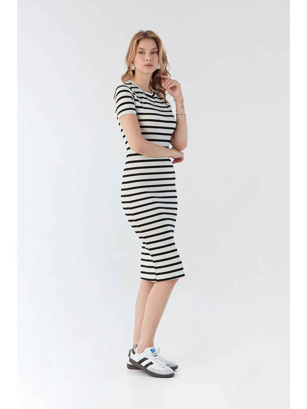 Beyaz Basic Fitilli Çizgili Elbise-3