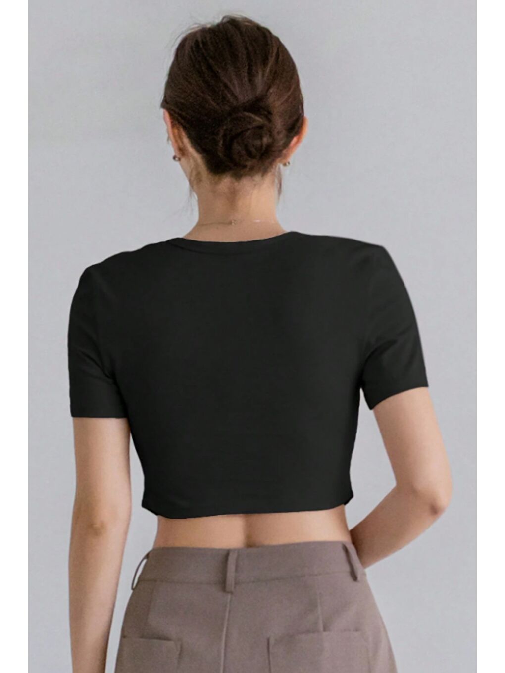 Siyah Kadın Crop Tişört Slim Fit Basic Kısa Kollu Yazlık Üst-5