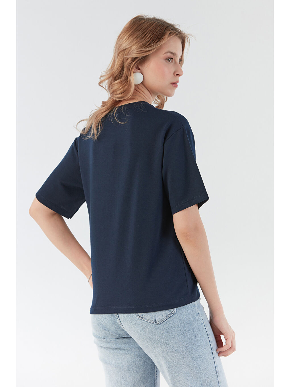 Lacivert R Harf Nakışlı Oversize Tişört-1