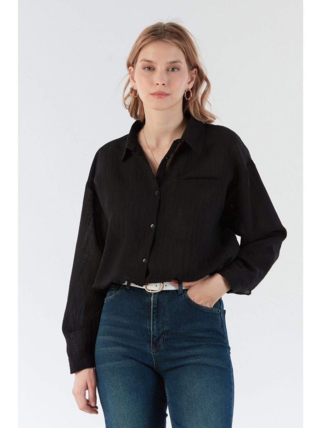Siyah Basic Beli Lastikli Cep Detaylı Gömlek-1