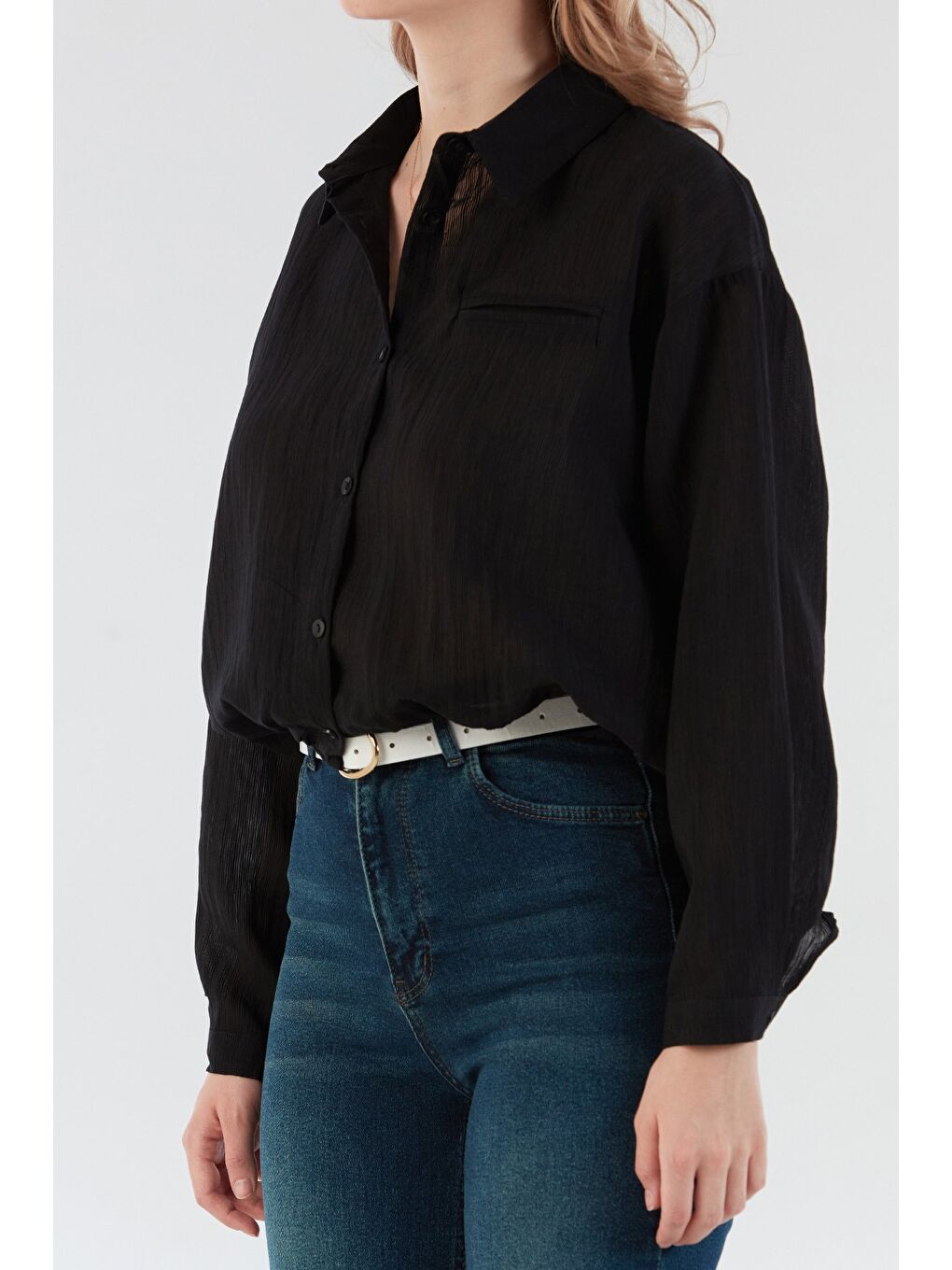 Siyah Basic Beli Lastikli Cep Detaylı Gömlek-4