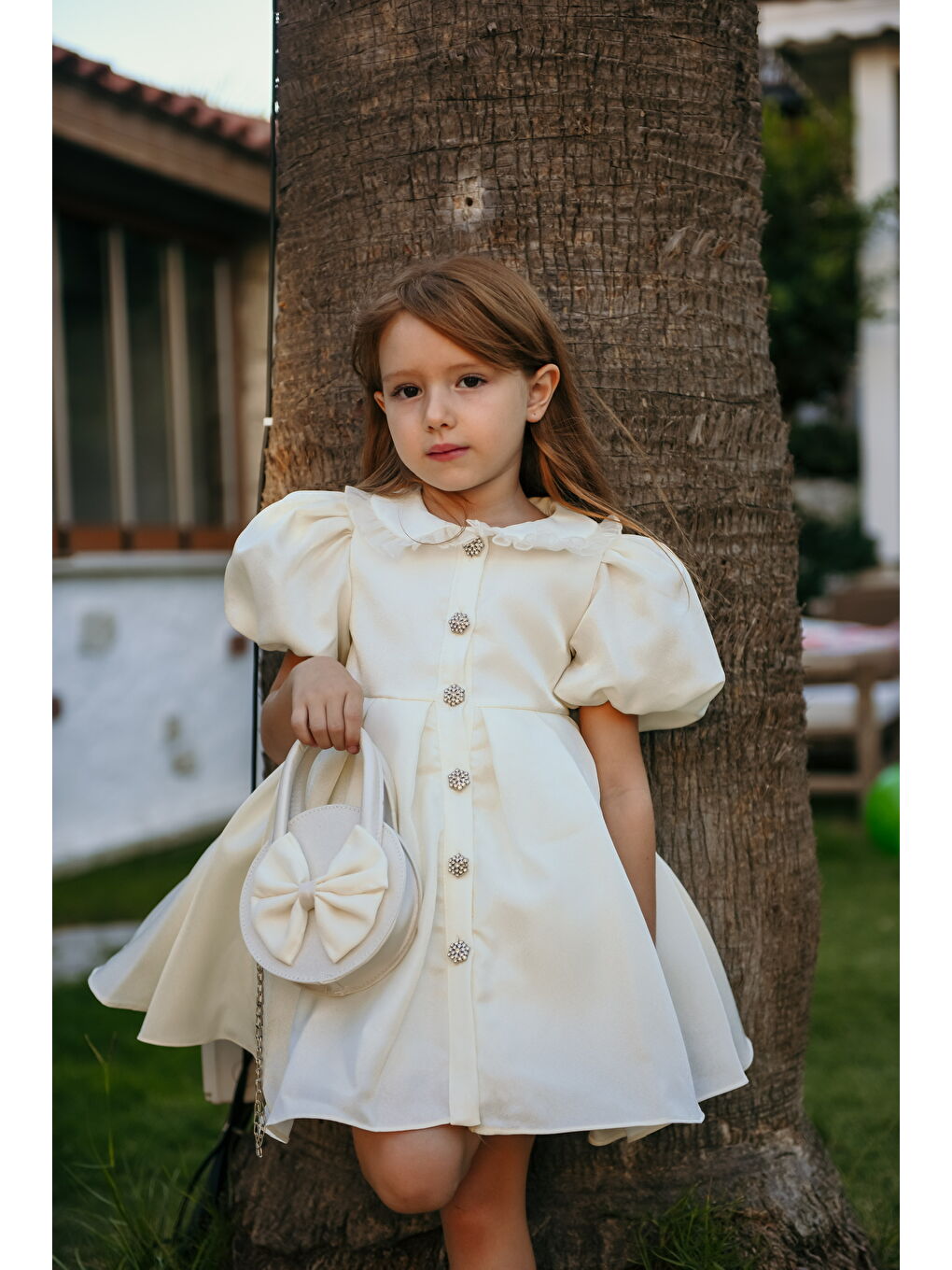Ekru Kız Çocuk Özel Kısa Abiye Elbise - Düğmeli, Özel Tasarım - Çanta Aksesuarlı_M2445