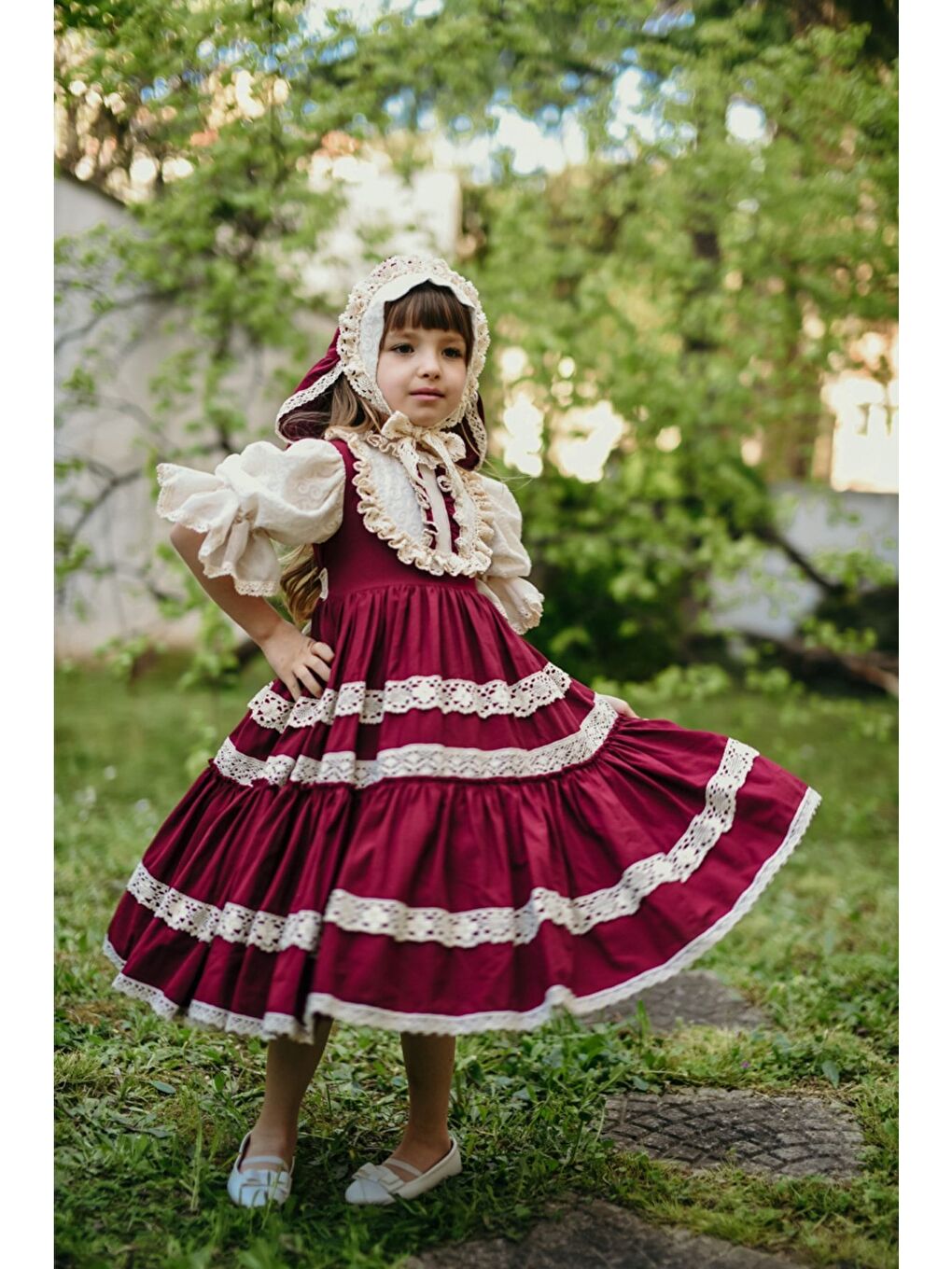 Bordo Bandanalı Dantel Detaylı Tasarım Vintage Kız Çocuk Elbise_M2206-1