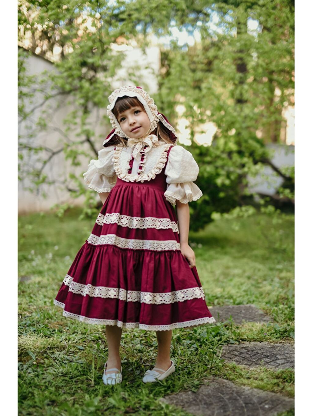 Bordo Bandanalı Dantel Detaylı Tasarım Vintage Kız Çocuk Elbise_M2206-2