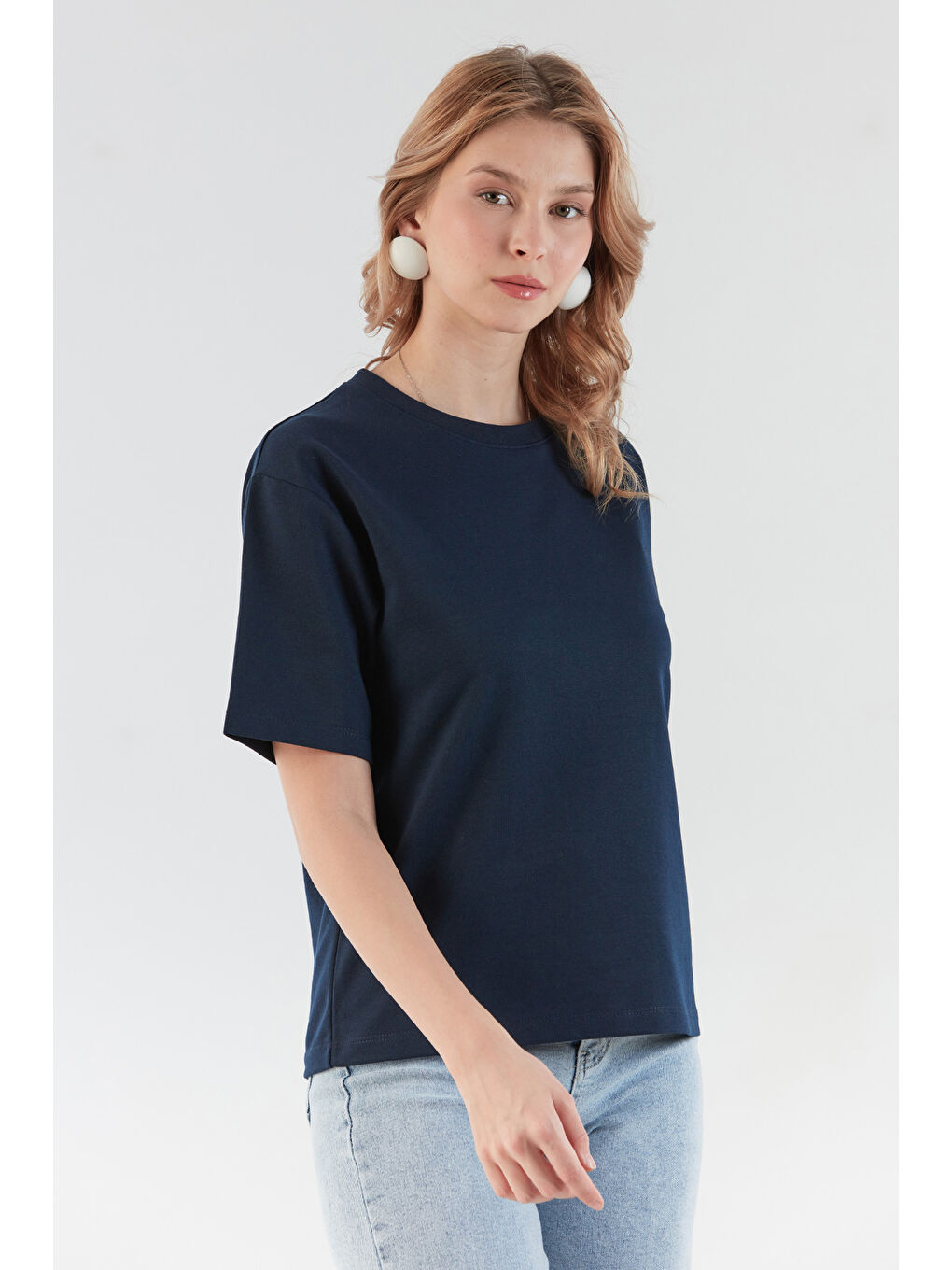 Lacivert R Harf Nakışlı Oversize Tişört-2