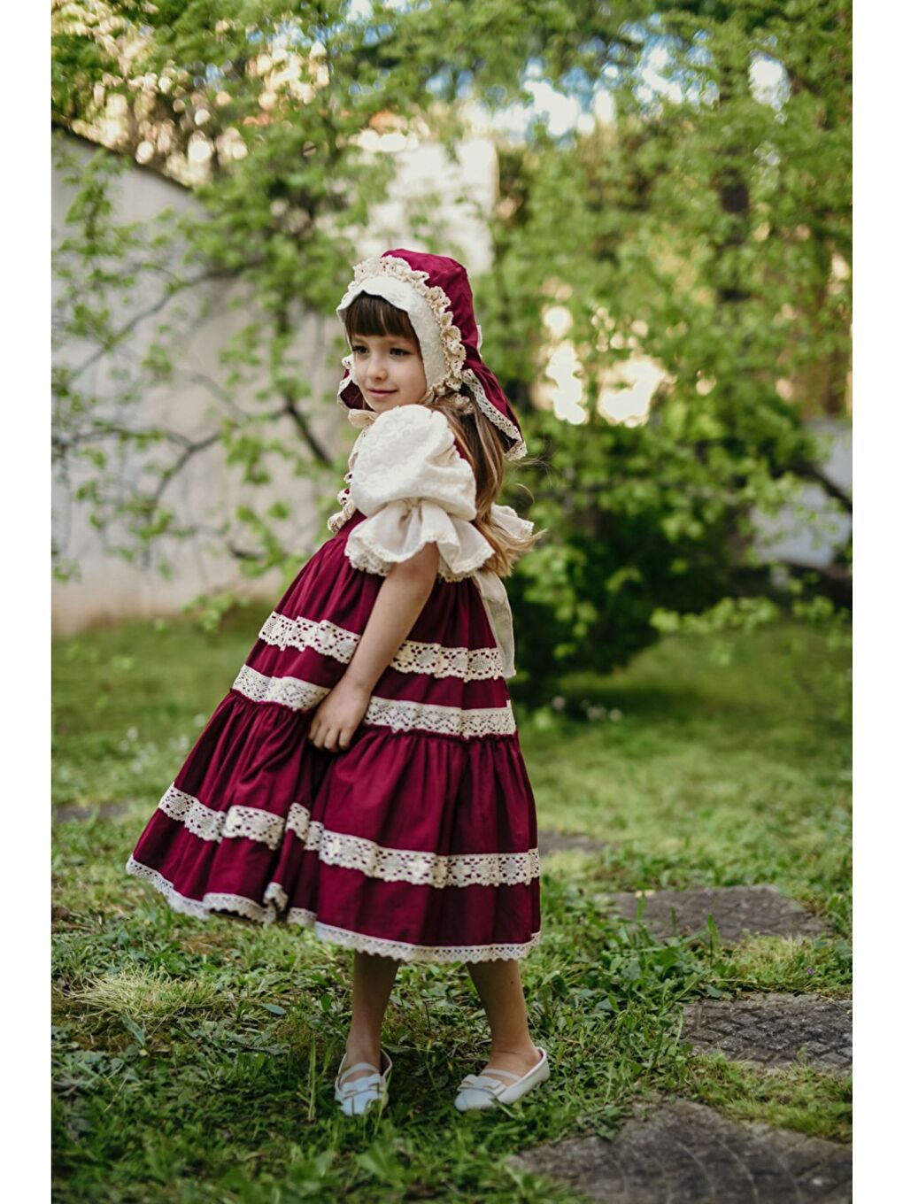 Bordo Bandanalı Dantel Detaylı Tasarım Vintage Kız Çocuk Elbise_M2206-3