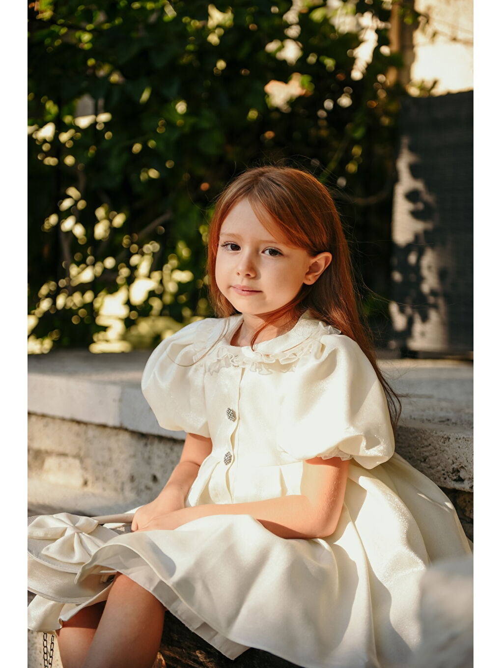 Ekru Kız Çocuk Özel Kısa Abiye Elbise - Düğmeli, Özel Tasarım - Çanta Aksesuarlı_M2445-2