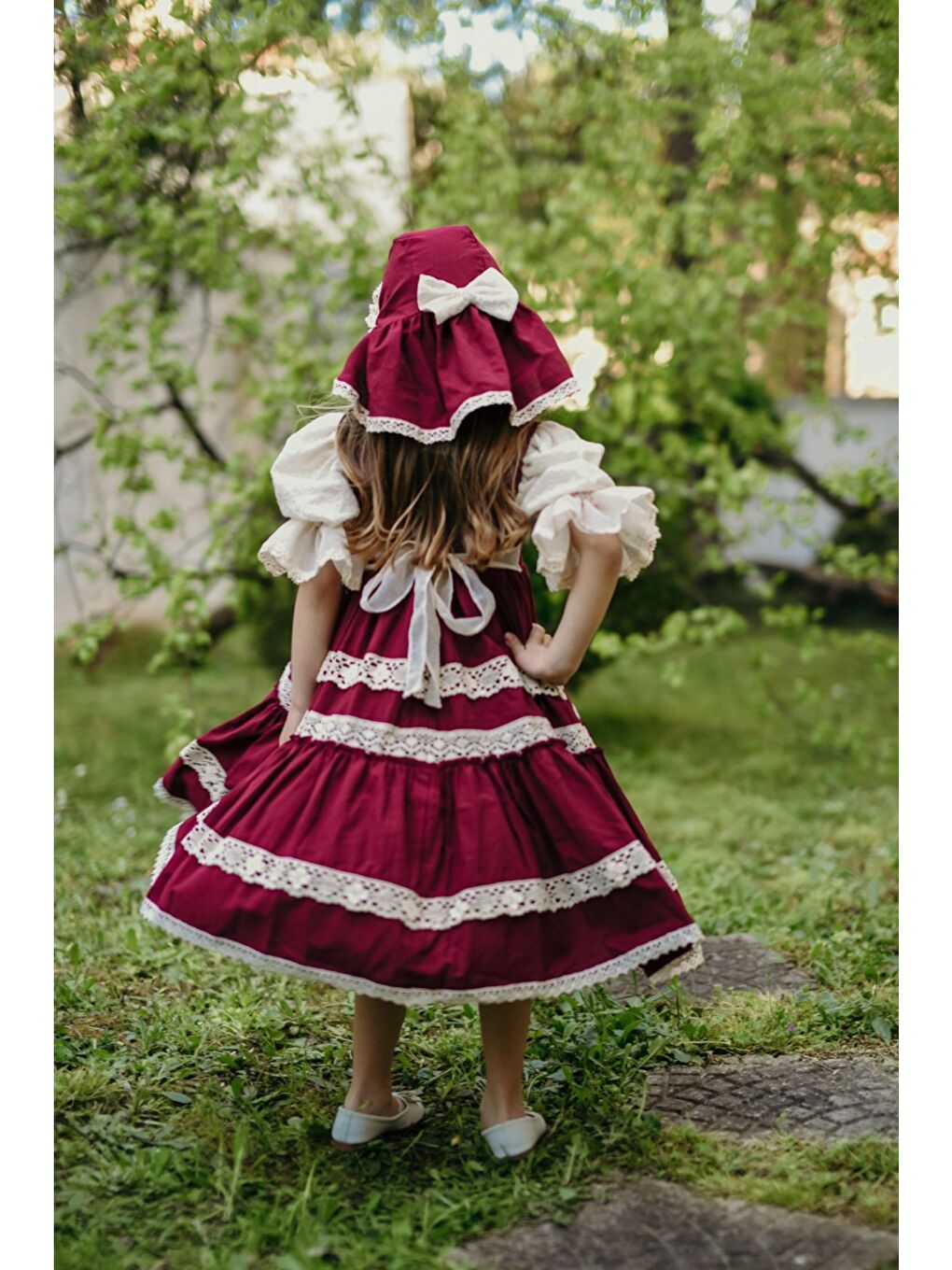 Bordo Bandanalı Dantel Detaylı Tasarım Vintage Kız Çocuk Elbise_M2206-4