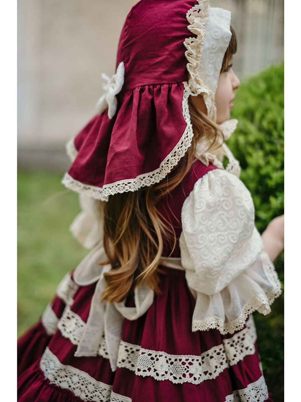 Bordo Bandanalı Dantel Detaylı Tasarım Vintage Kız Çocuk Elbise_M2206-5