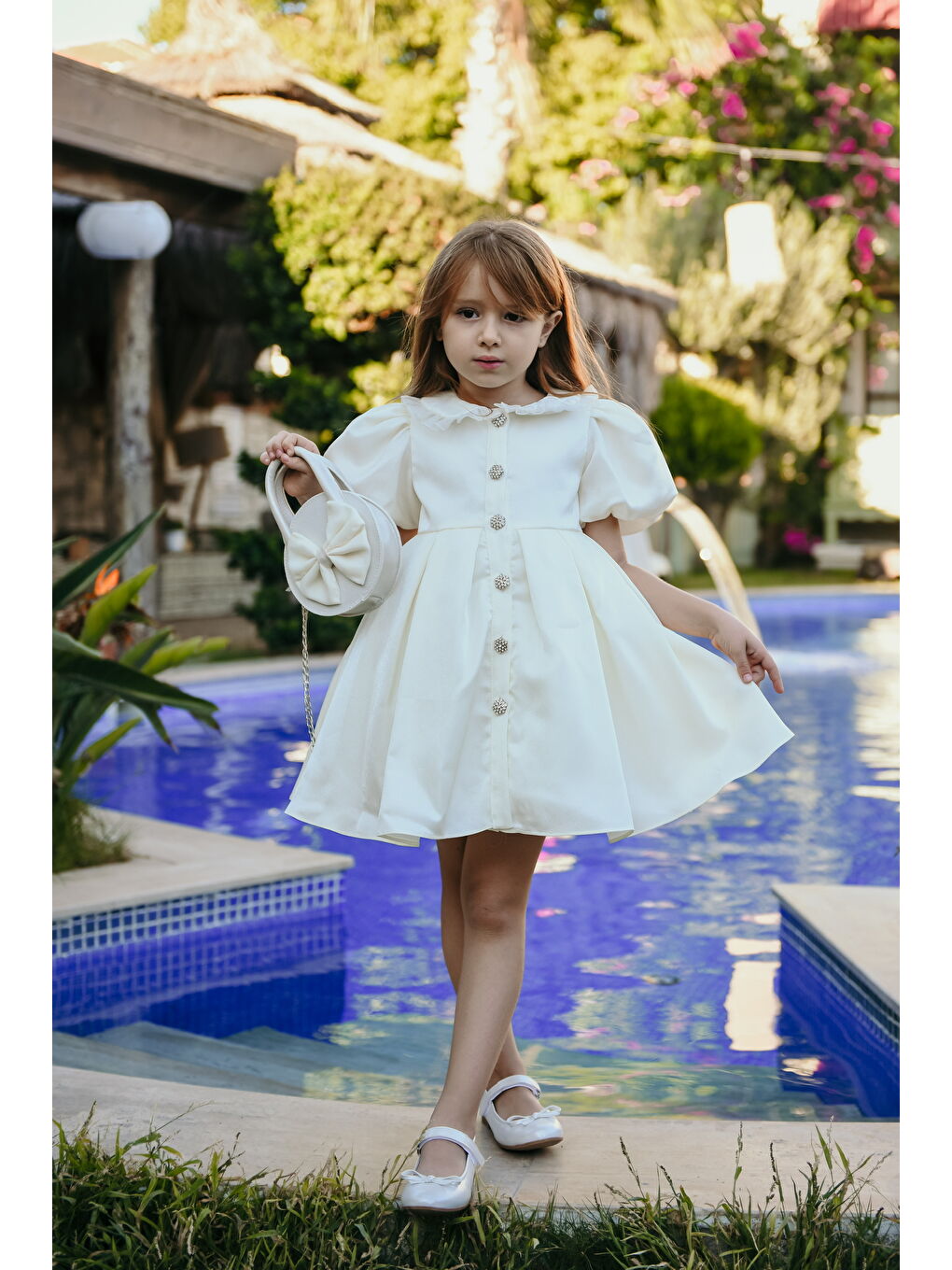 Ekru Kız Çocuk Özel Kısa Abiye Elbise - Düğmeli, Özel Tasarım - Çanta Aksesuarlı_M2445-3