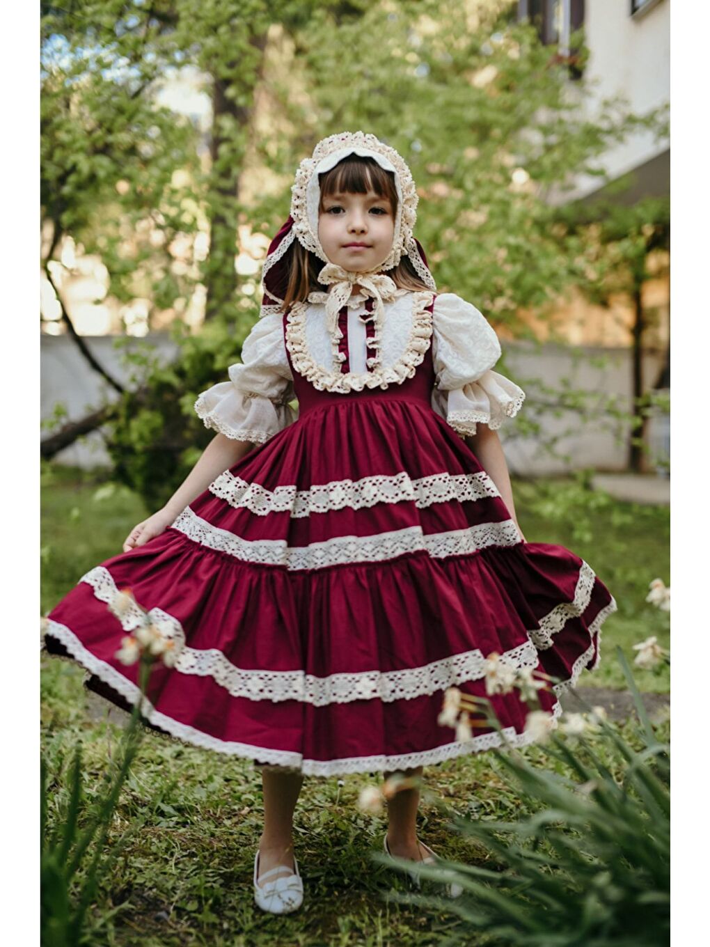 Bordo Bandanalı Dantel Detaylı Tasarım Vintage Kız Çocuk Elbise_M2206-6