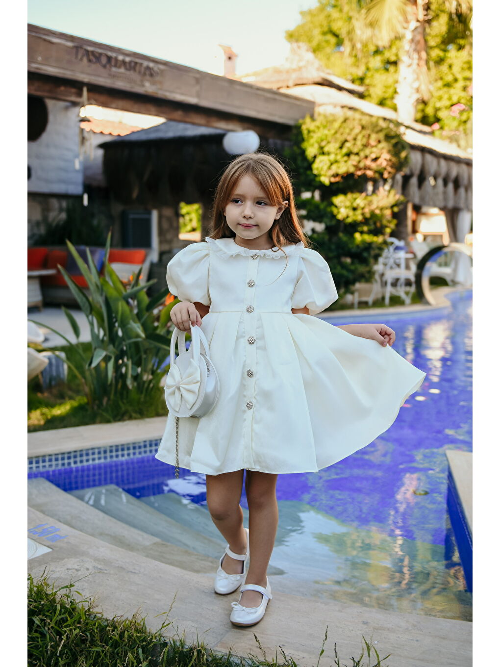 Ekru Kız Çocuk Özel Kısa Abiye Elbise - Düğmeli, Özel Tasarım - Çanta Aksesuarlı_M2445-4