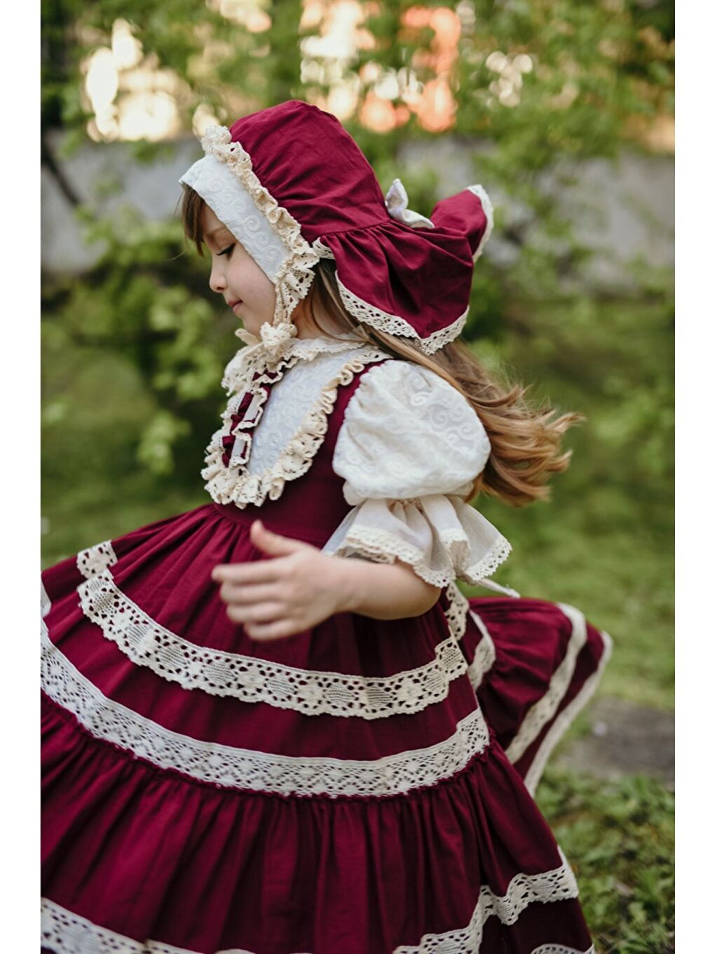 Bordo Bandanalı Dantel Detaylı Tasarım Vintage Kız Çocuk Elbise_M2206-7