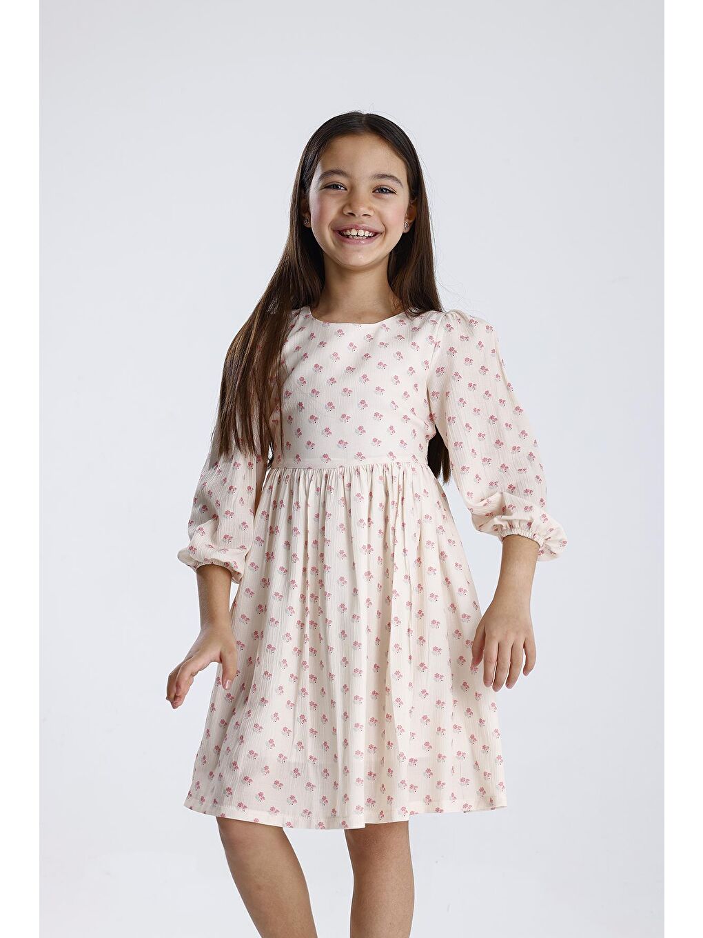 Pembe Uzun Kol Desenli Elbise-4