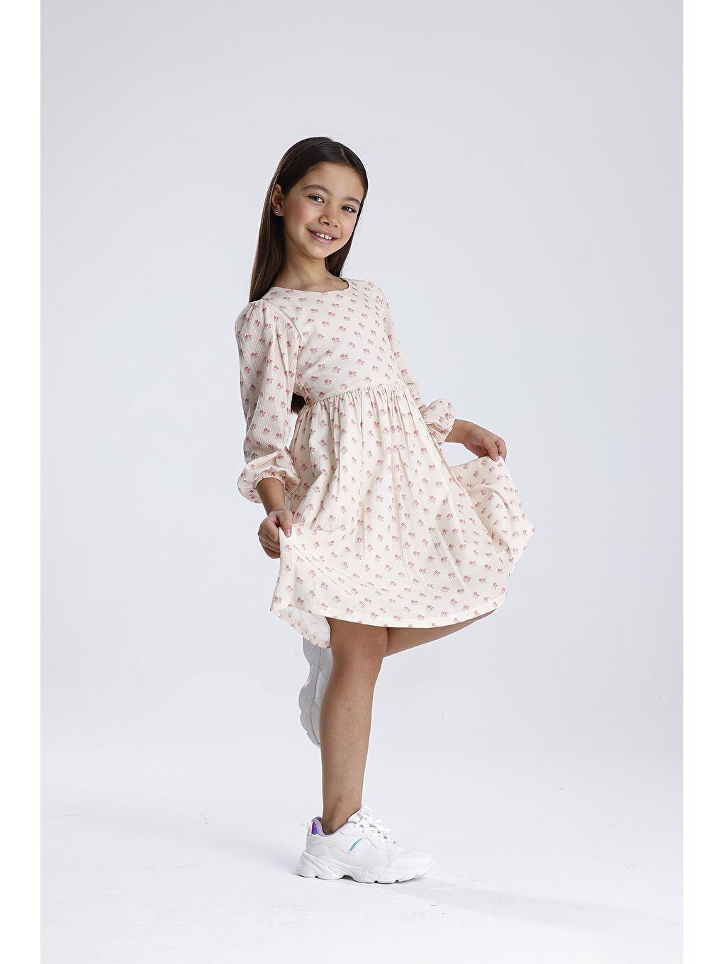 Pembe Uzun Kol Desenli Elbise-3