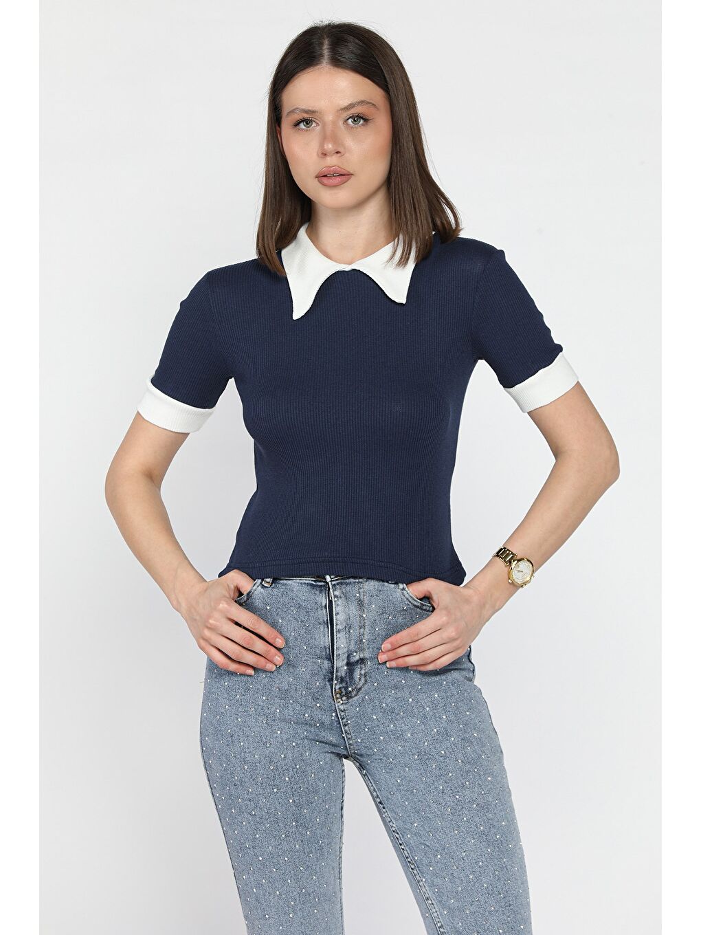 Lacivert Kadın Polo Yaka Renk Garnili Kaşkorse Bluz