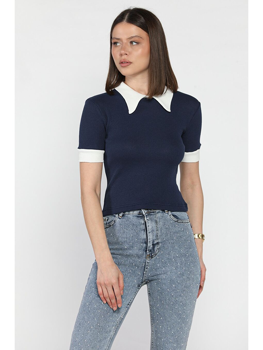 Lacivert Kadın Polo Yaka Renk Garnili Kaşkorse Bluz-1