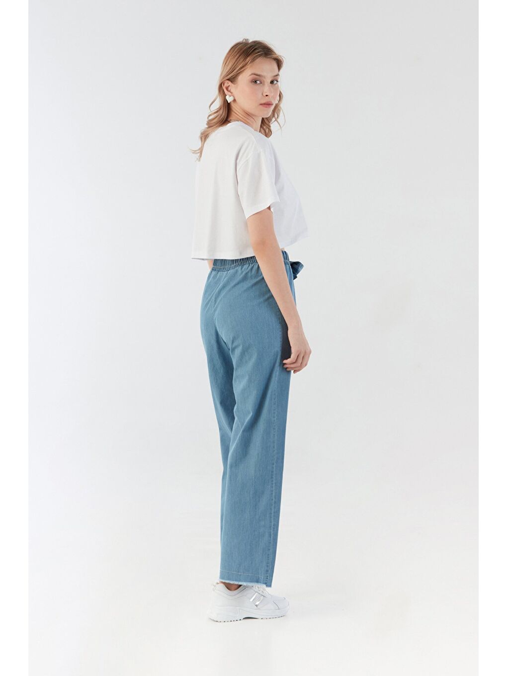 Mavi Beli Lastikli Palazzo Pantolon-2