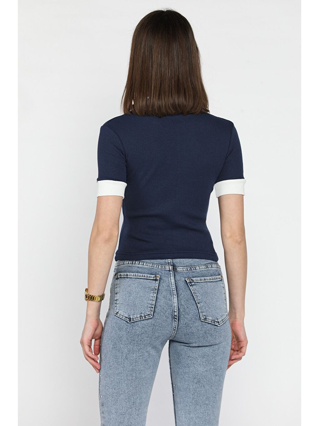 Lacivert Kadın Polo Yaka Renk Garnili Kaşkorse Bluz-2