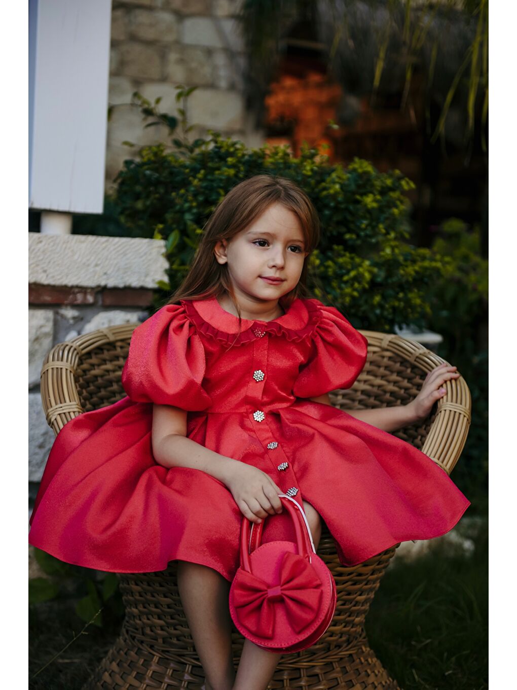 Kırmızı Kız Çocuk Özel Kısa Abiye Elbise - Düğmeli, Özel Tasarım - Çanta Aksesuarlı_M2445-1