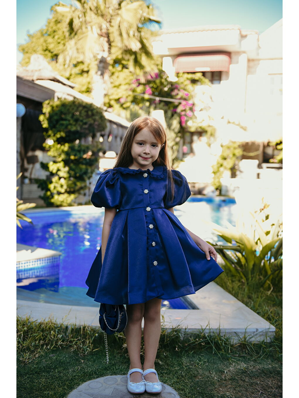 Lacivert Kız Çocuk Özel Kısa Abiye Elbise - Düğmeli, Özel Tasarım - Çanta Aksesuarlı_M2445