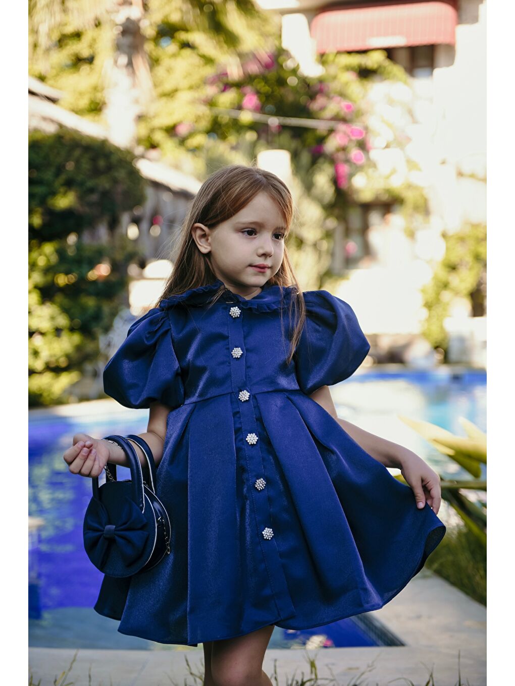 Lacivert Kız Çocuk Özel Kısa Abiye Elbise - Düğmeli, Özel Tasarım - Çanta Aksesuarlı_M2445-1