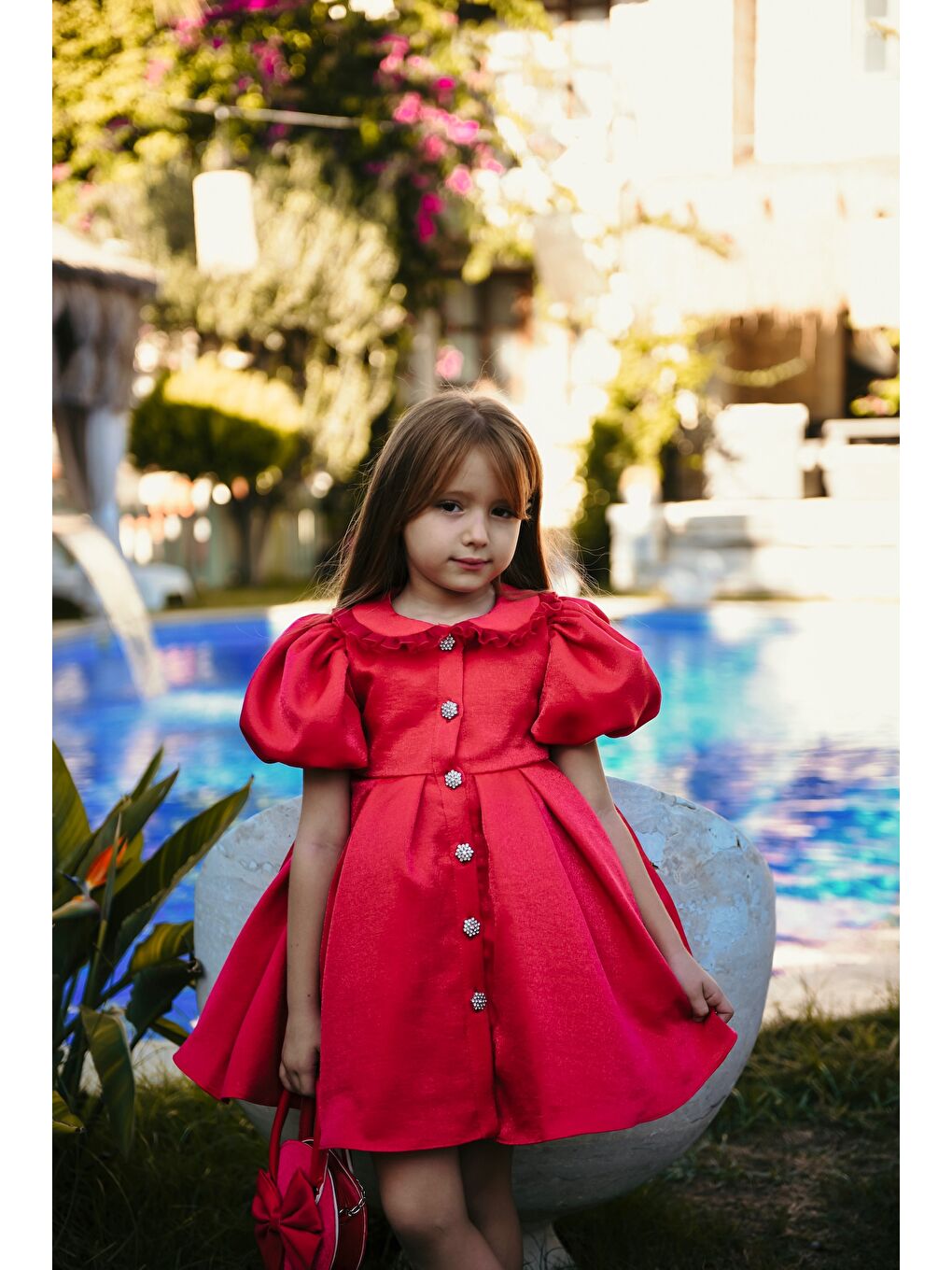 Kırmızı Kız Çocuk Özel Kısa Abiye Elbise - Düğmeli, Özel Tasarım - Çanta Aksesuarlı_M2445-3