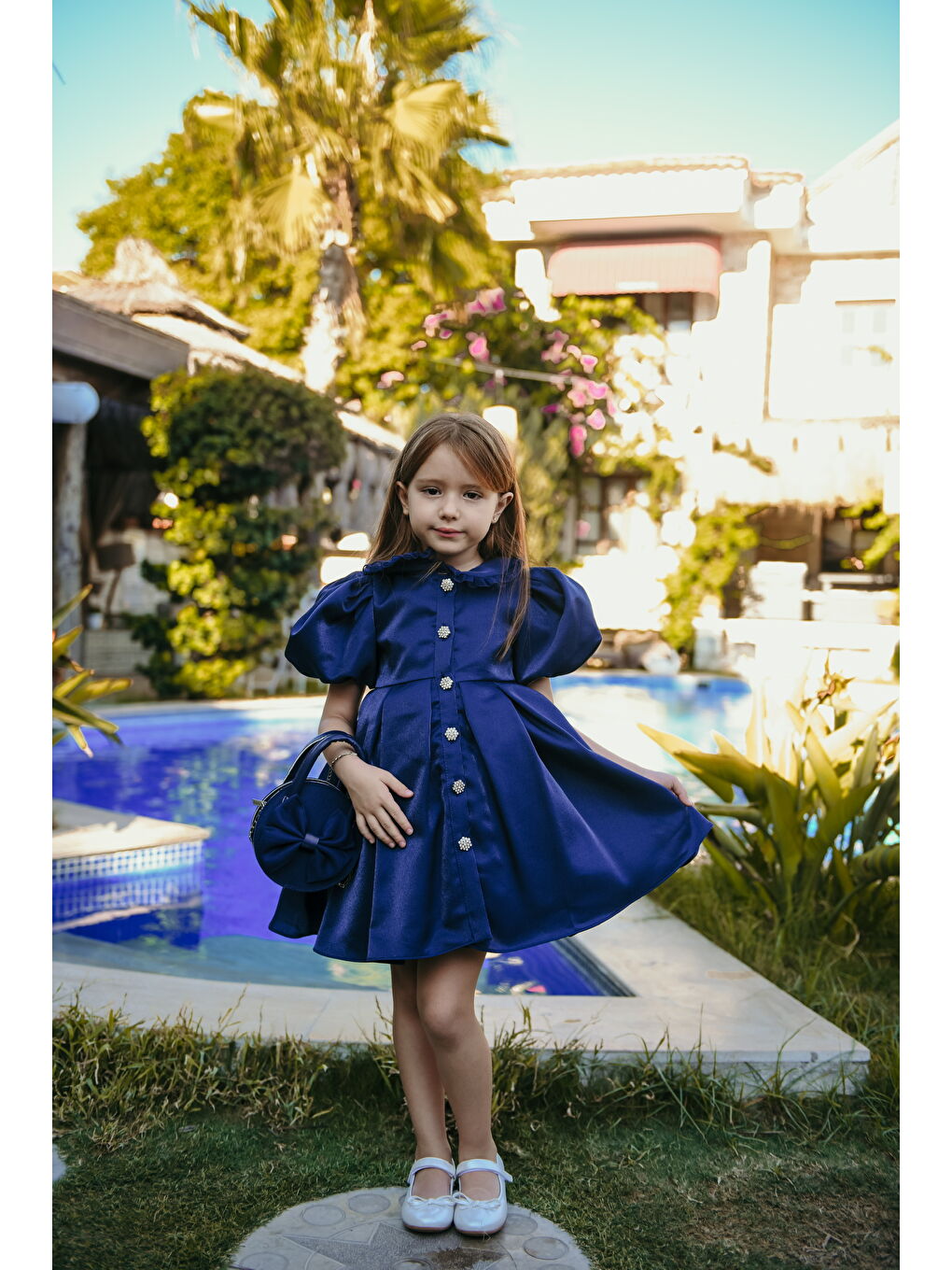 Lacivert Kız Çocuk Özel Kısa Abiye Elbise - Düğmeli, Özel Tasarım - Çanta Aksesuarlı_M2445-2