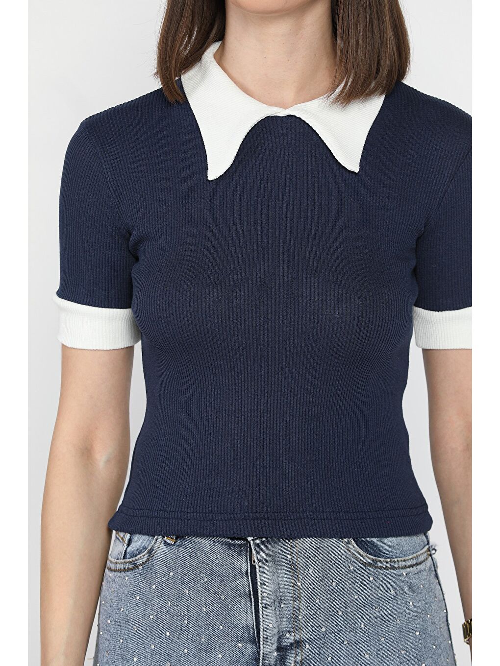 Lacivert Kadın Polo Yaka Renk Garnili Kaşkorse Bluz-3
