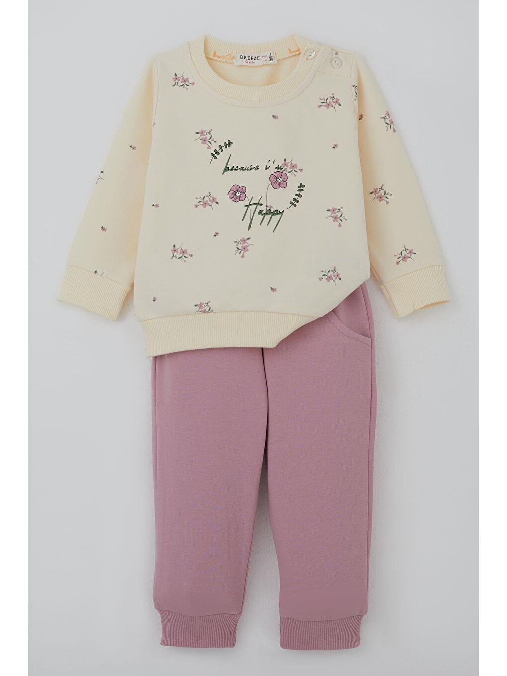 Ekru Kız Bebek Eşofman Takımı Pembe Çiçek Desenli Krem (6 Ay-2 Yaş)