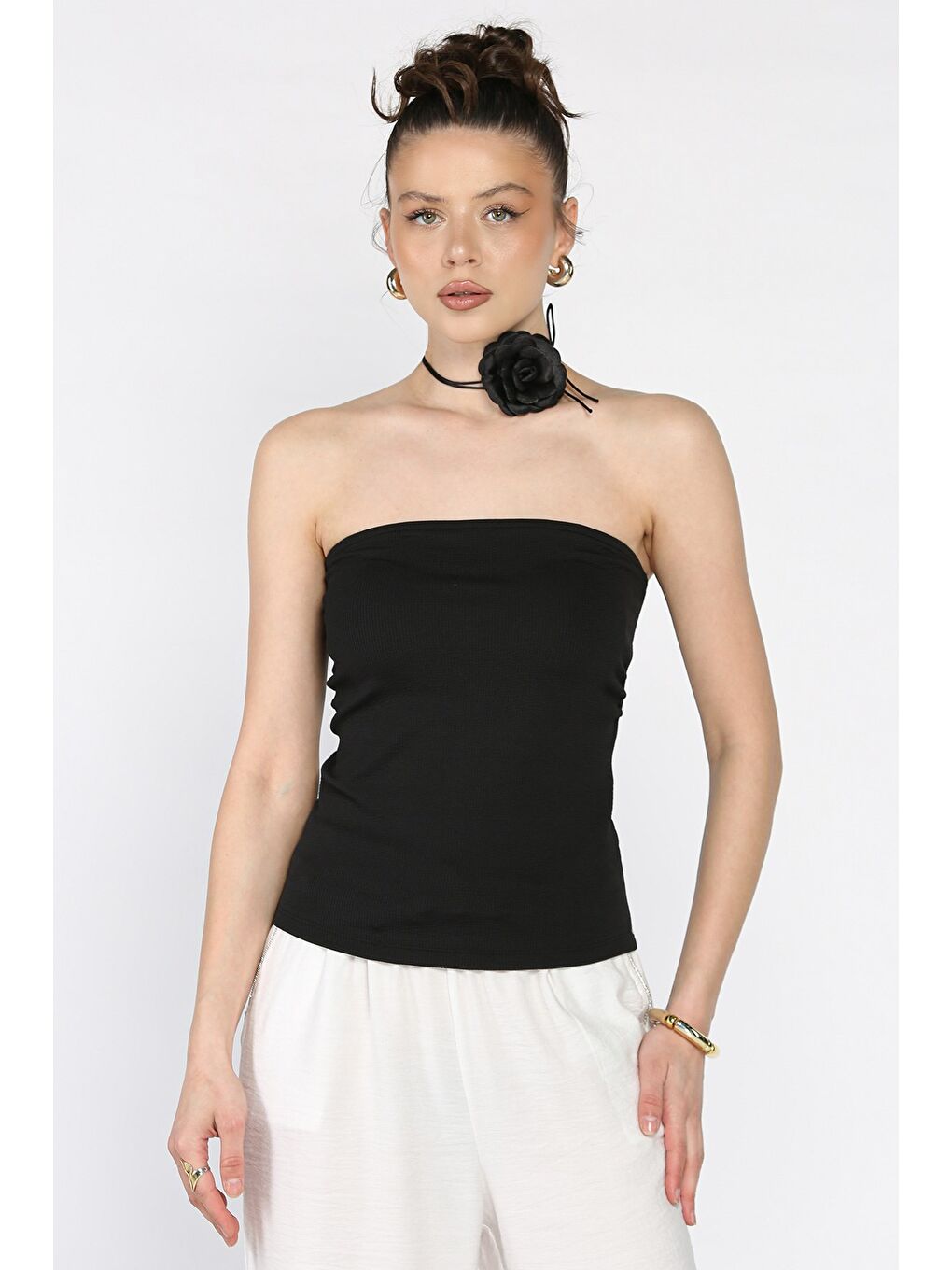 Siyah Kadın Yan Büzgü Detaylı Straplez Bluz