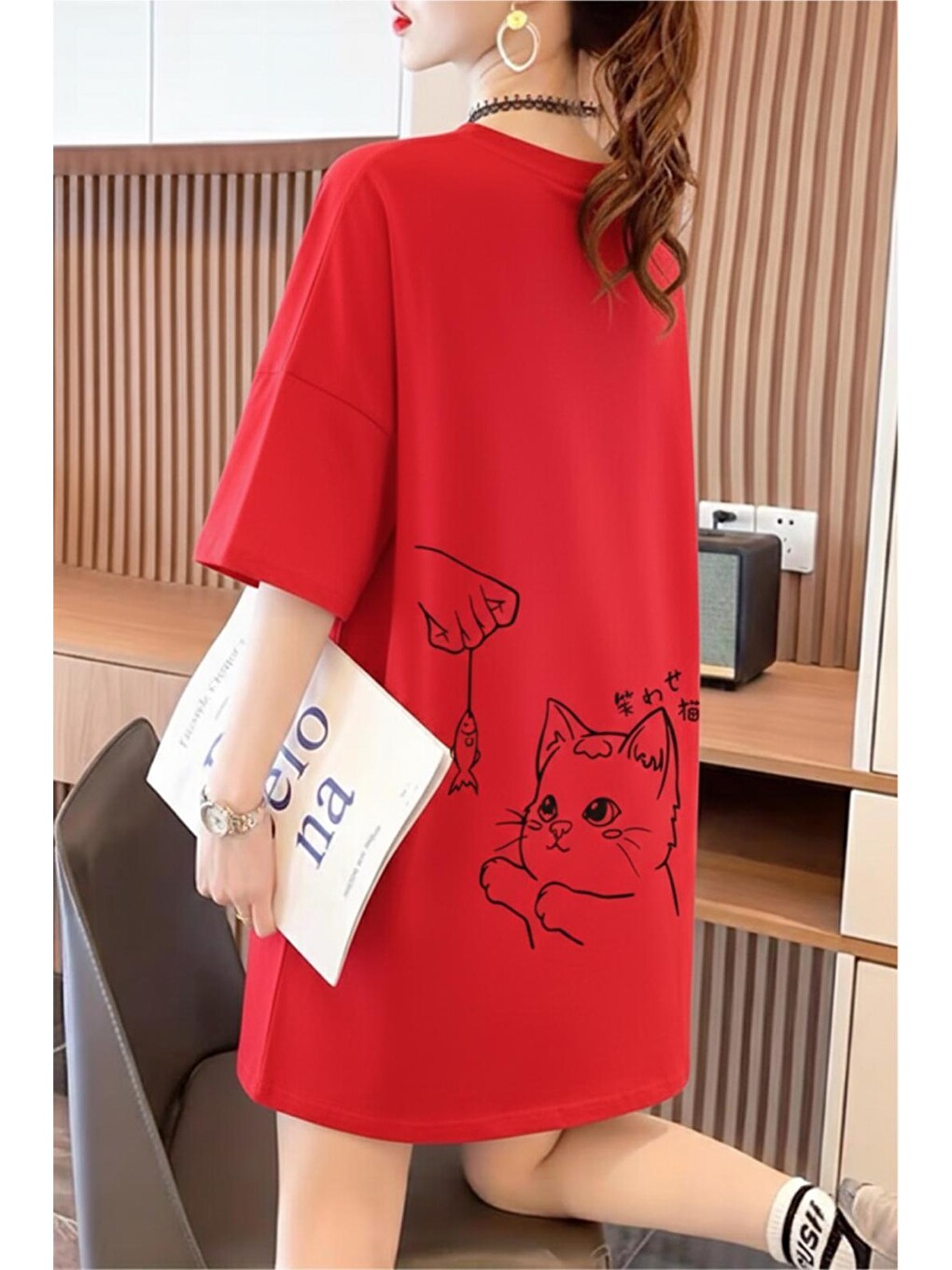 Kırmızı Fish And Kadın Oversize Basic Bisiklet Yaka Pamuklu T-shirt Rahat Kesim Unisex