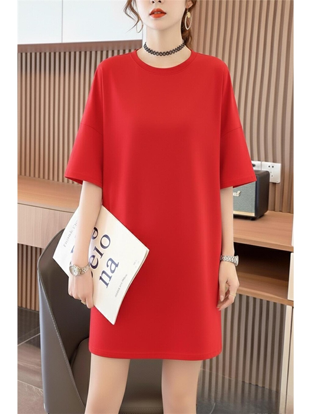 Kırmızı Fish And Kadın Oversize Basic Bisiklet Yaka Pamuklu T-shirt Rahat Kesim Unisex-1