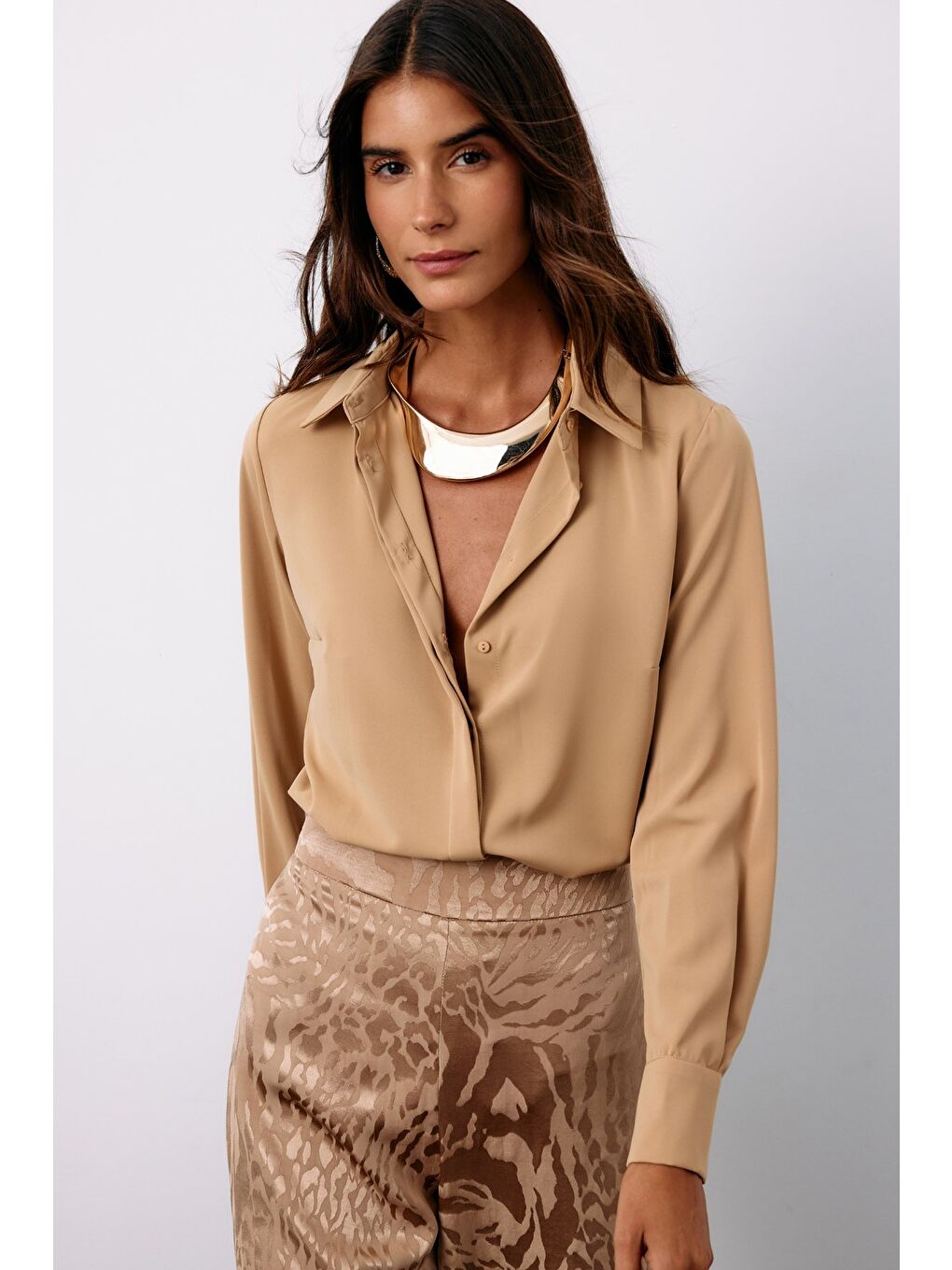 Kahverengi Klasik Düz Gömlek - Camel-1