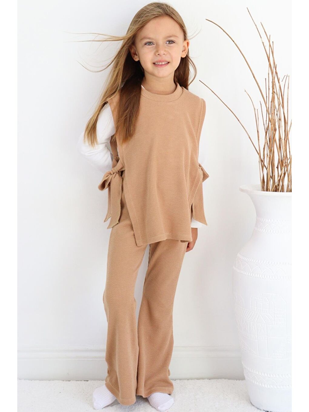 Kahverengi Kız Çocuk Simena Camel Bağlama Detaylı Üst İspanyol Alt Üst Eşofman Takım-1