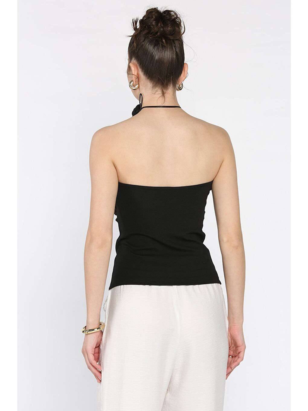 Siyah Kadın Yan Büzgü Detaylı Straplez Bluz-2