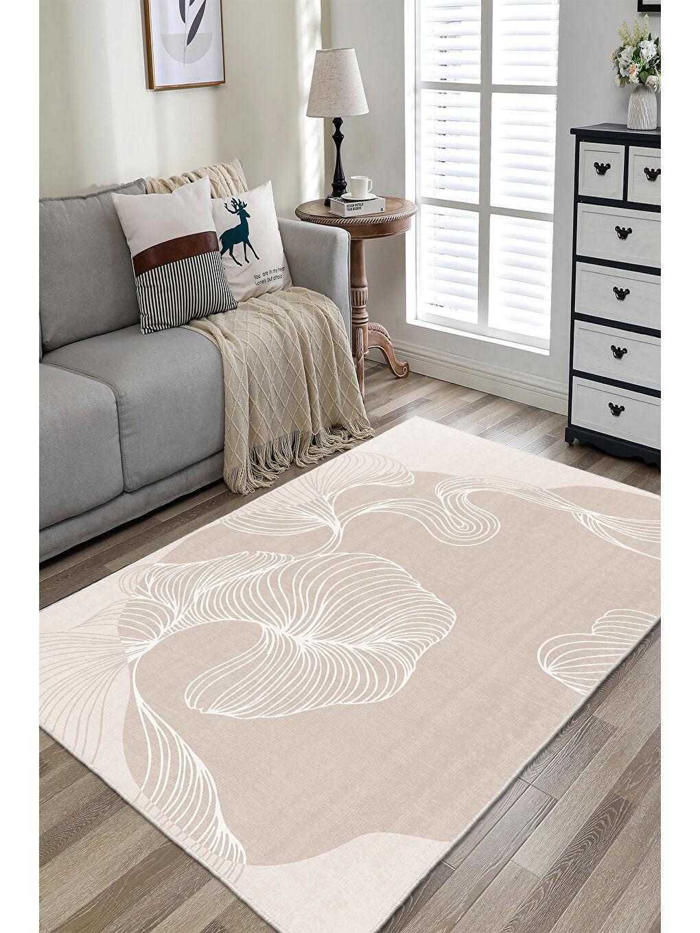 Ekru Dekoratif Özel Tasarım Yıkanabilir İnce Kaymaz Tabanlı Modern Halı KECE FR51-1