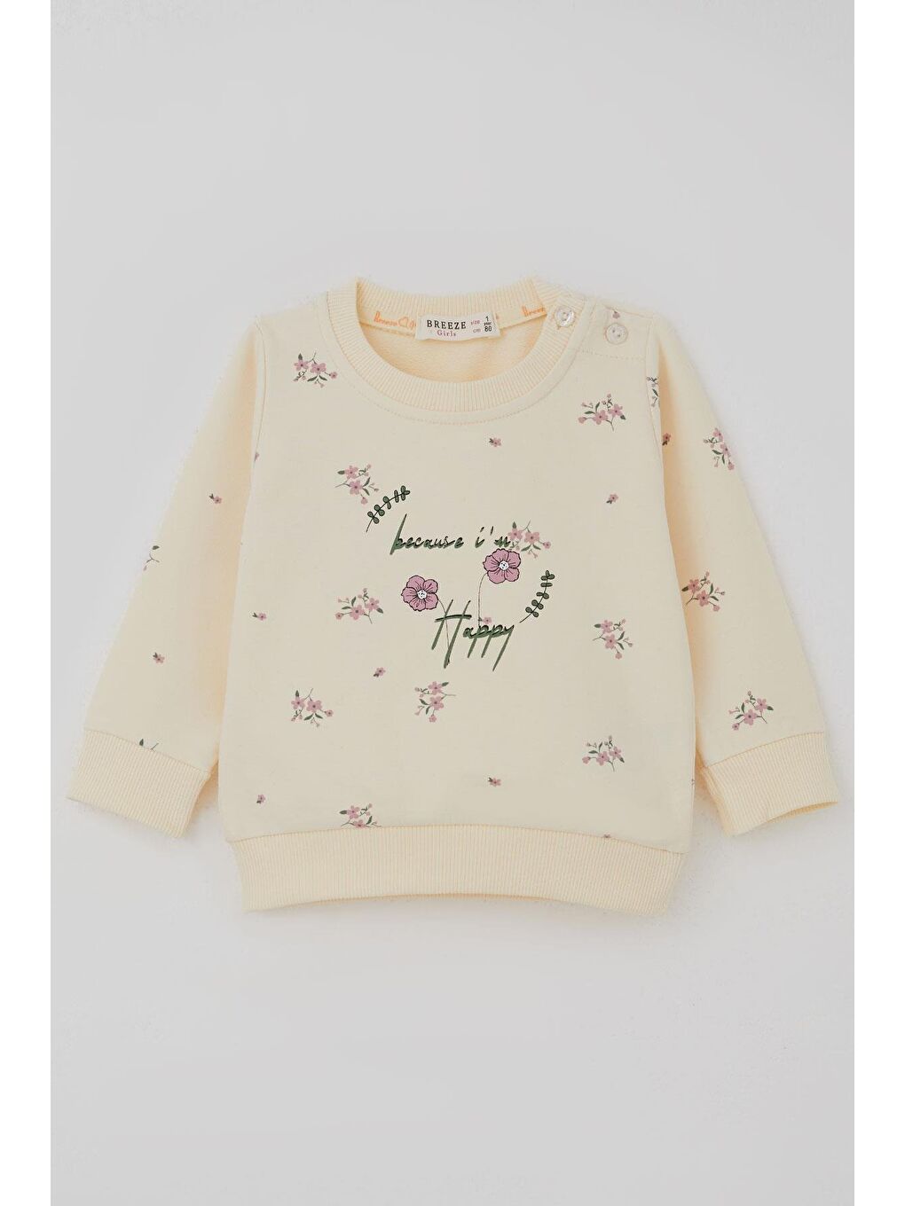 Ekru Kız Bebek Eşofman Takımı Pembe Çiçek Desenli Krem (6 Ay-2 Yaş)-1