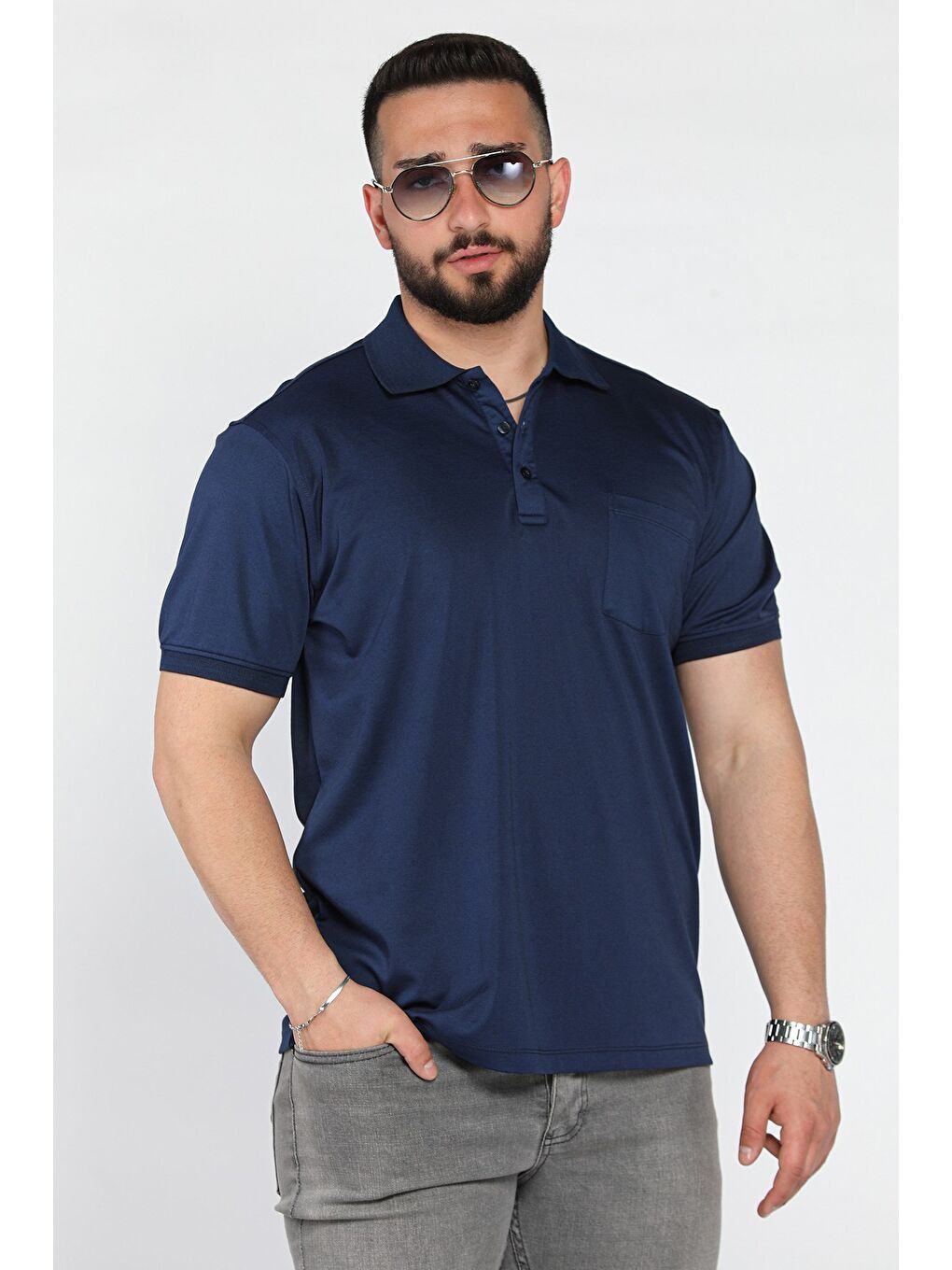 İndigo Yarım Düğmeli Polo Yaka Cepli Erkek Tişört