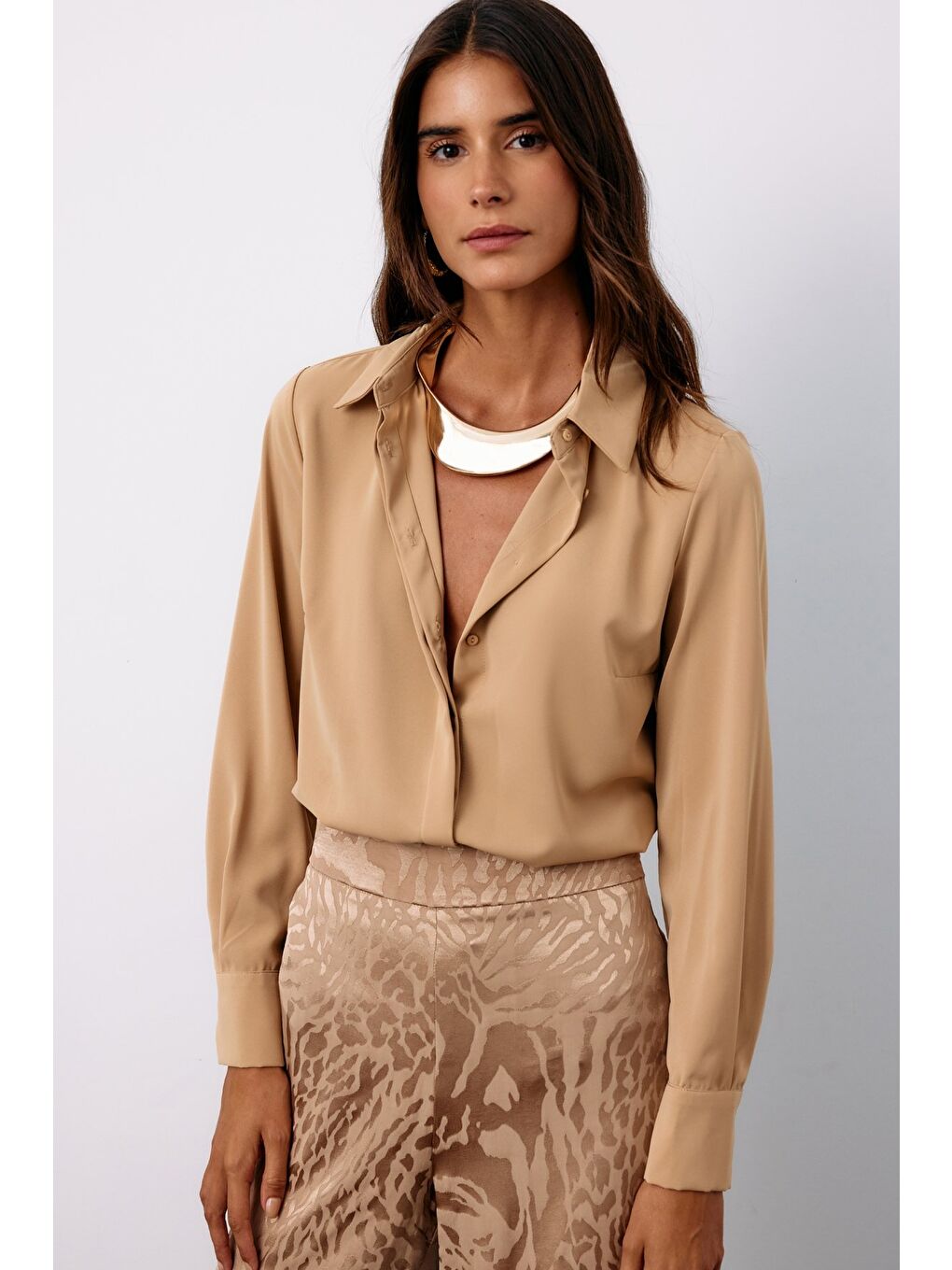 Kahverengi Klasik Düz Gömlek - Camel-2