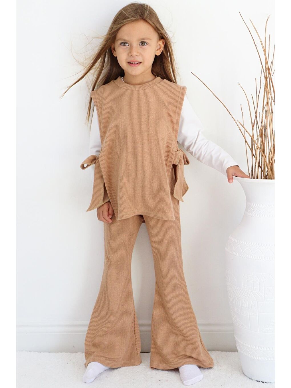 Kahverengi Kız Çocuk Simena Camel Bağlama Detaylı Üst İspanyol Alt Üst Eşofman Takım-2