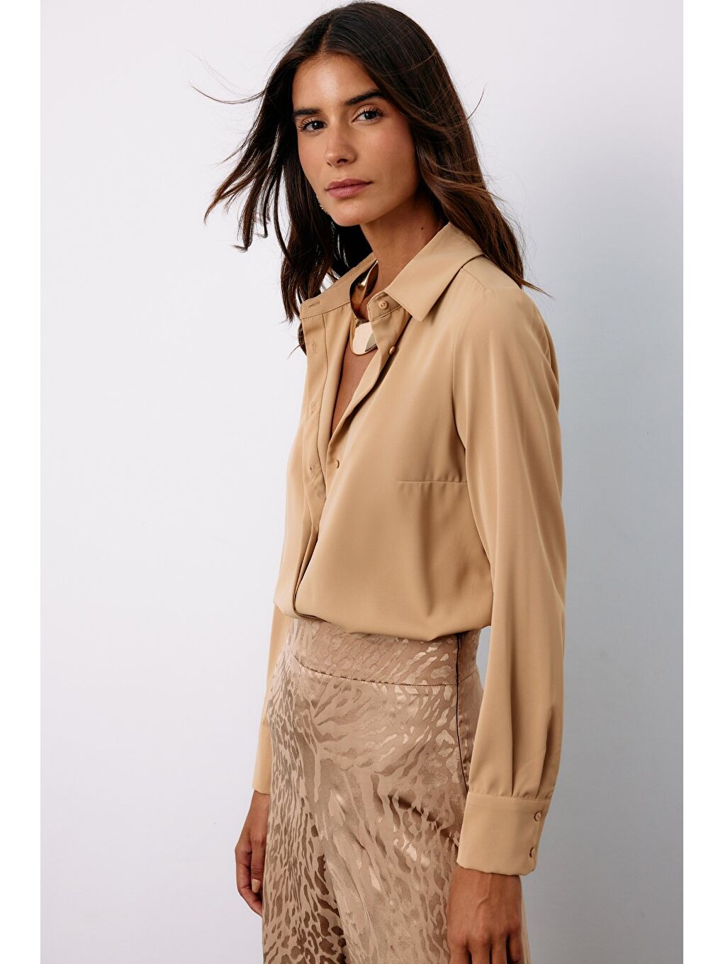 Kahverengi Klasik Düz Gömlek - Camel-3